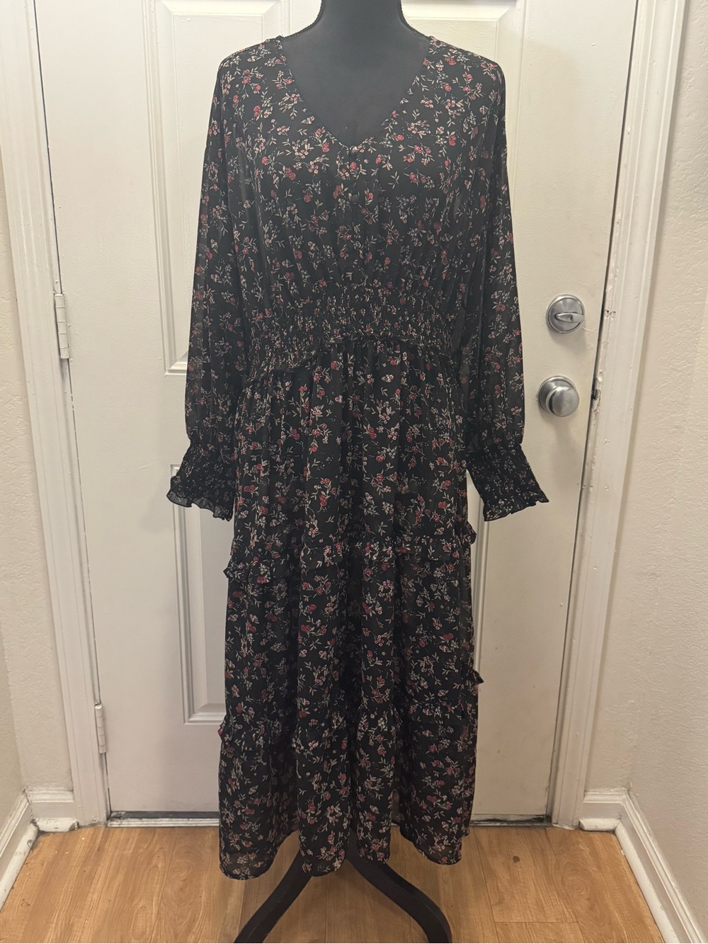 Time and Tru Black Long Sleeve Floral Tiered Sheer Maxi Dress 0415